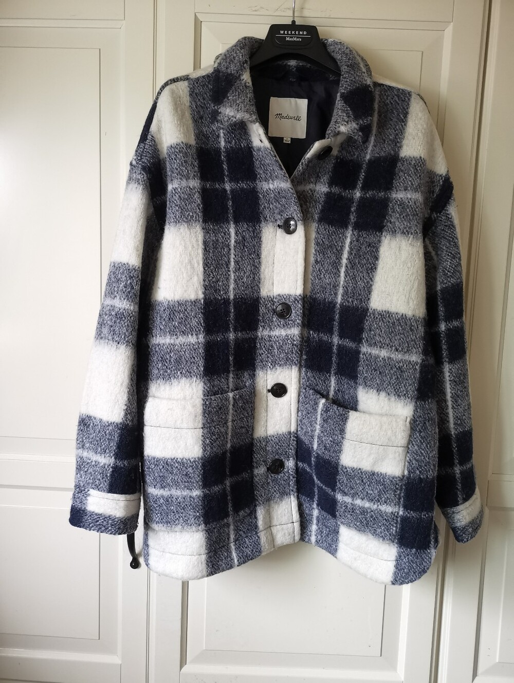 Madewell Wool Blend Plaid Shirt Jacket Shacket Blue Cream Medium M